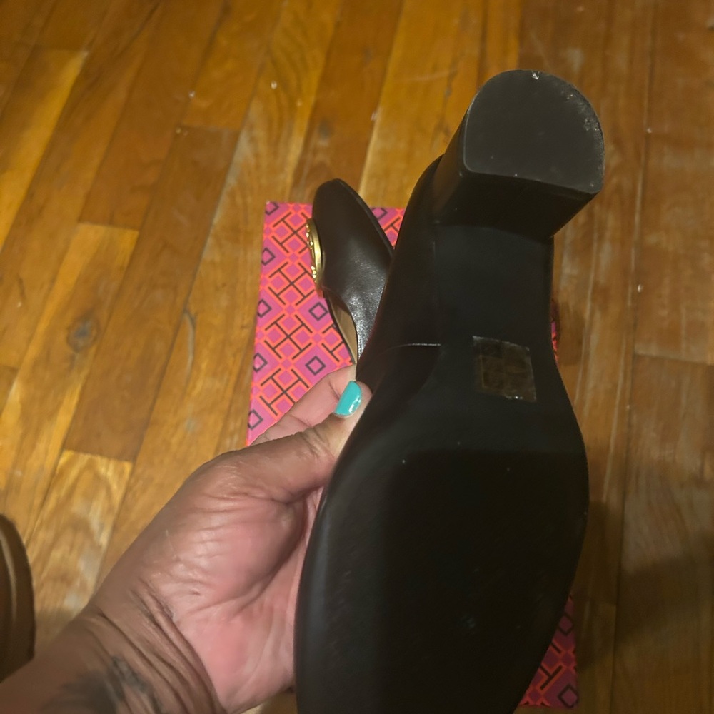 Tory Burch Dark Brown Leather Mid-Heel Pump with Gold Logo